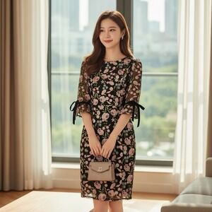 Nikibiki Women’s Black Floral Lace Embroidered Dress Elbow-length Sleeves Small